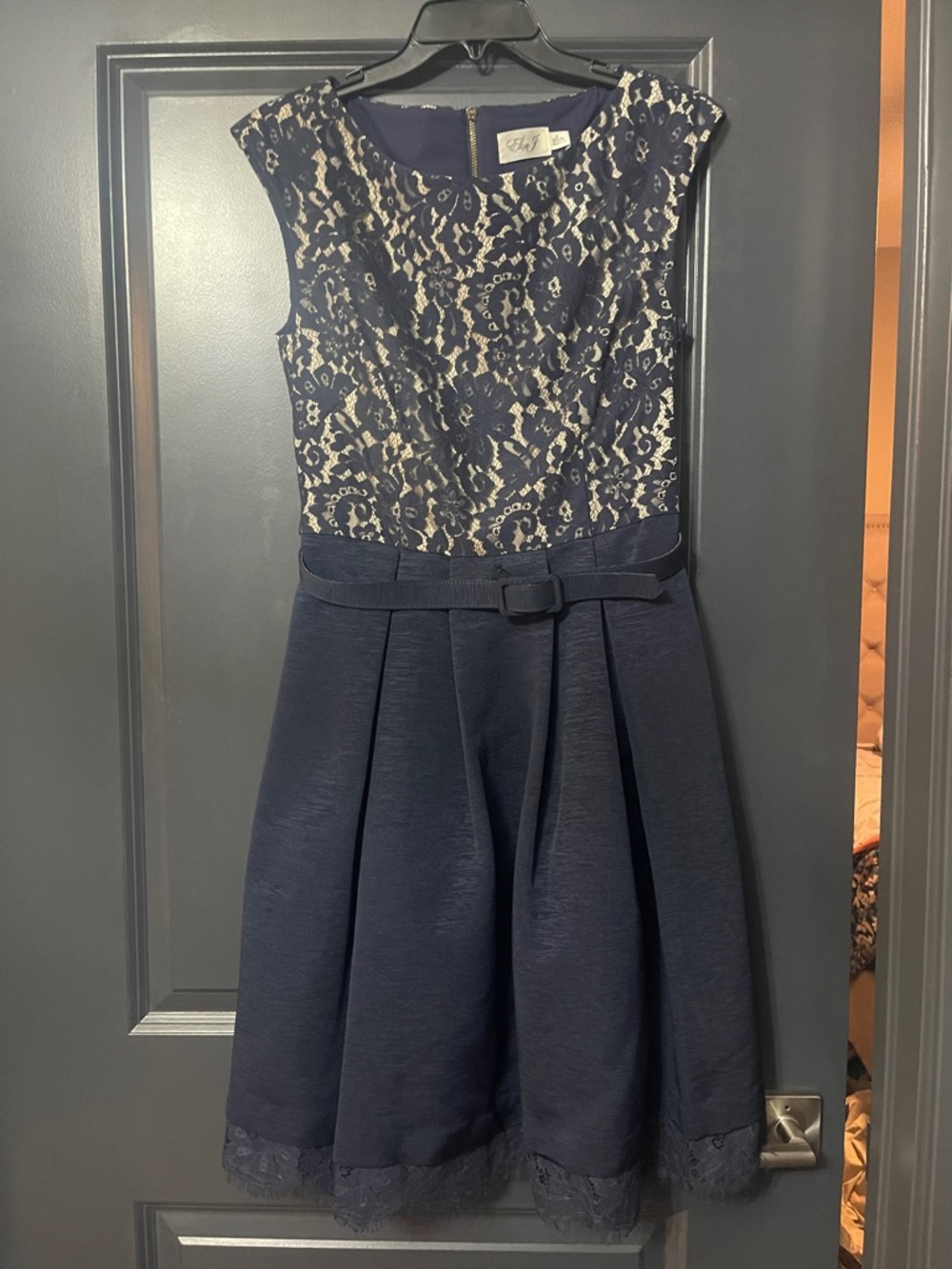 Eliza J Navy and Ivory Lace Fit-and-Flare Midi Dress
